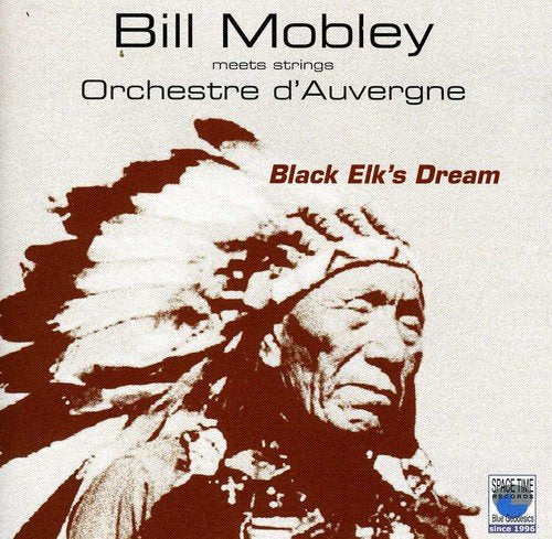 "Album cover with a red-toned image of a Native American man wearing a feathered headdress."