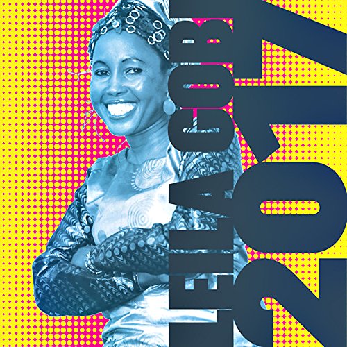 A smiling woman in blue tone, with large text overlay on a yellow and pink background.