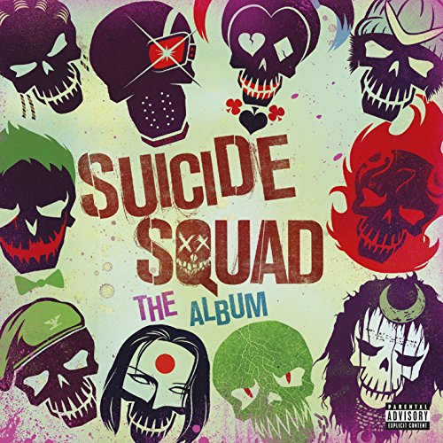 "Album cover art featuring skulls and the title 'Suicide Squad: The Album'."