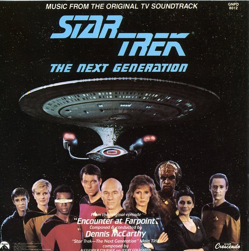"CD cover featuring Star Trek: The Next Generation crew and spaceship."