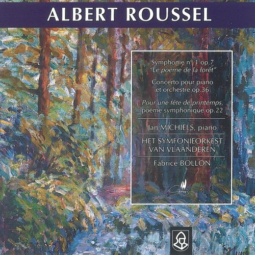 "CD cover with forest painting and white text on dark blue banner and overlay."