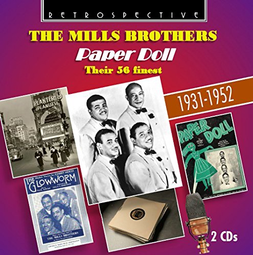 "CD cover with Mills Brothers images, microphone, and sheet music on purple background."