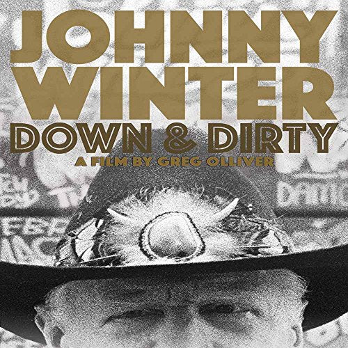 "Black and white image of Johnny Winter wearing a hat, with gold text overlay."