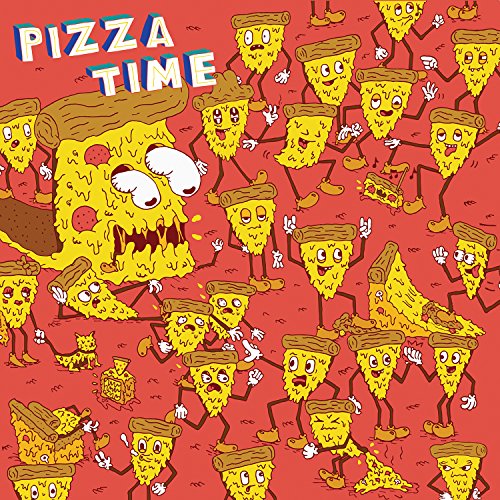Colorful illustration of anthropomorphic pizza slices on a red background.