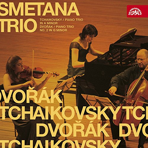 "CD cover with three musicians playing violin, piano, and cello, with yellow text overlay."