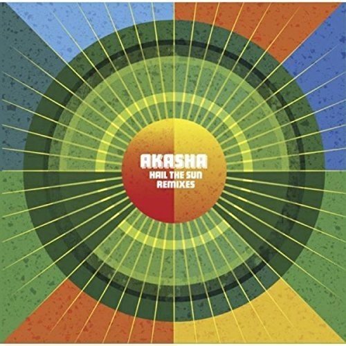 "Vibrant vinyl record cover with multicolored sunburst design and 'Akasha' text in the center."