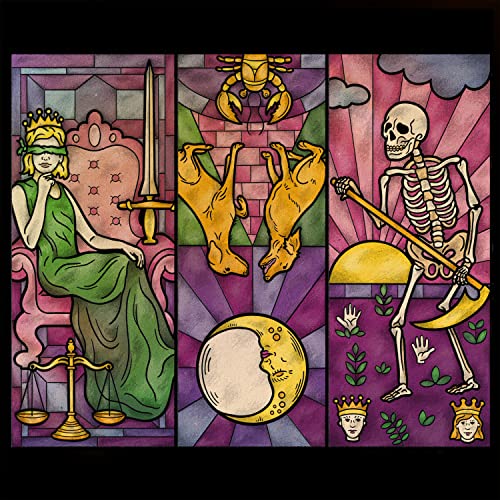 Stained glass art featuring a crowned woman, two dogs, and a skeleton with scythe.