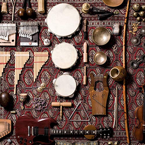 Overhead view of various percussion and string instruments on a red rug.