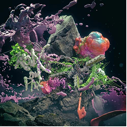 Abstract digital art featuring a rock formation and colorful, flowing shapes.