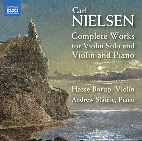 CD cover for Carl Nielsen’s violin works with coastal landscape.