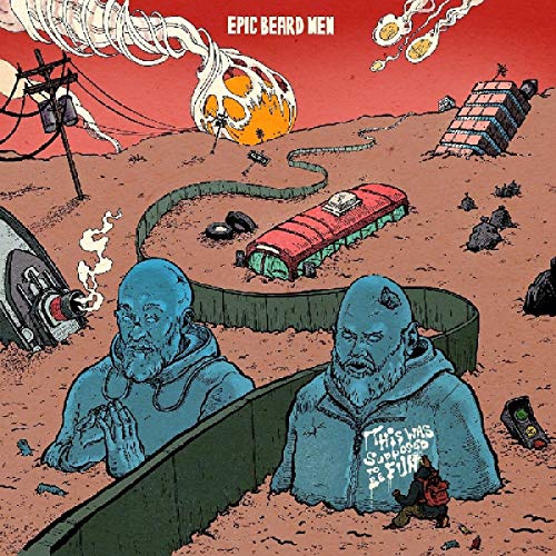 "Album cover art: two blue bearded men in a trench, post-apocalyptic scene."