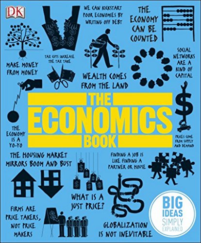 "The Economics Book" cover, blue background, yellow title, surrounded by economic concept illustrations.