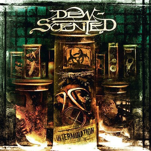 "Album cover featuring jars with disturbing contents, labeled 'Intermination' and 'Dew-Scented' at the top."