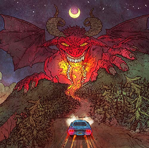 Red demon looms over a car driving on a winding road.