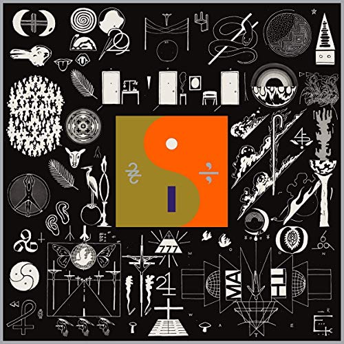 "Album cover art with abstract symbols and a central orange and green square on black background."