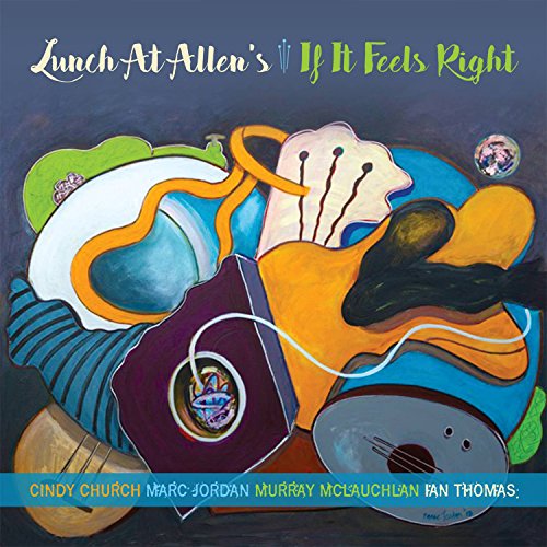 "Album cover art with abstract shapes and musical instruments, blue background, artist names at bottom."