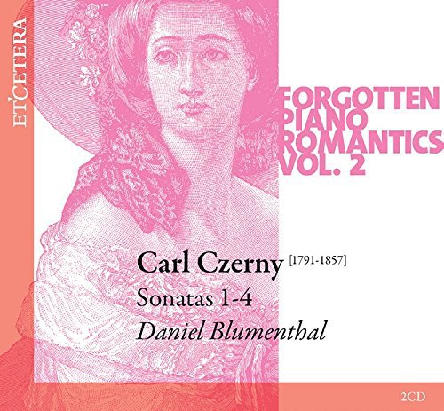 "CD cover with pink-toned portrait and text 'Forgotten Piano Romantics Vol. 2' on a white background."