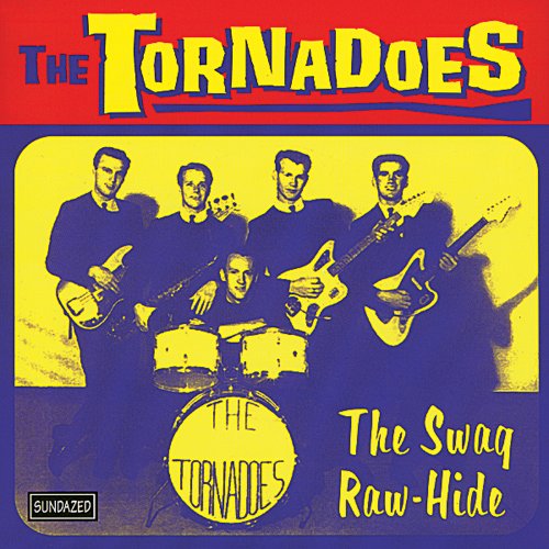 Record album cover featuring a 1960s band, The Tornadoes, playing instruments.