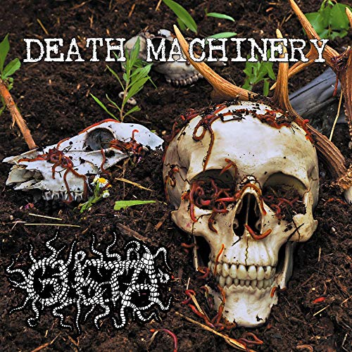 "Album cover with skull, worms, and text 'Death Machinery' on dark soil background."