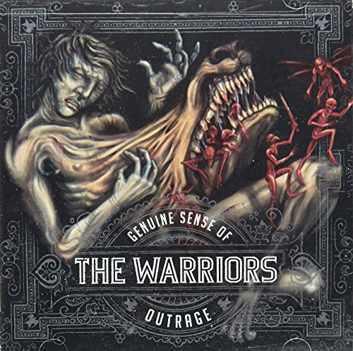 "Album cover art with monstrous figures and red creatures, ornate black background."