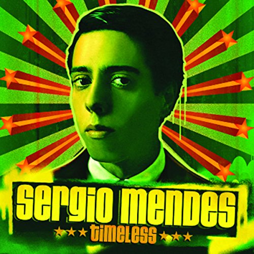 Sergio Mendes album cover, portrait with radiating green and red starbursts.