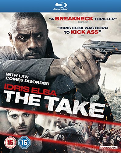 "Blu-ray cover of 'The Take' featuring Idris Elba holding a gun, with action scenes below."