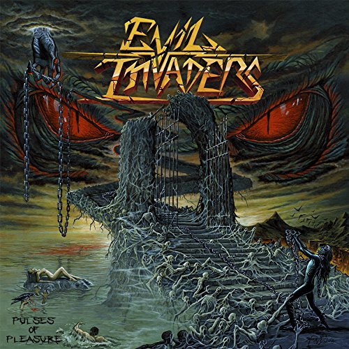 "Evil Invaders" album cover featuring a dark, twisted ship with red-eyed monster and nude figures.