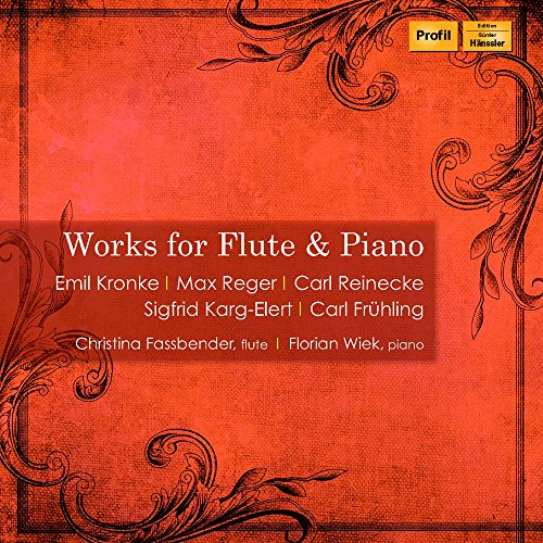 Red CD cover with ornate black designs and white text listing composers and musicians.
