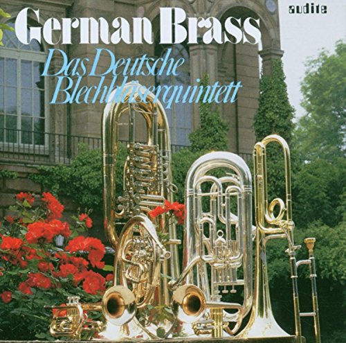 "CD cover featuring brass instruments in front of a building with red flowers."