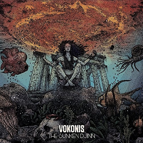 "Album cover art featuring a person surrounded by sea creatures underwater with dark, flowing hair."
