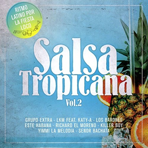 "Album cover with 'Salsa Tropicana Vol. 2' text, blue background, and pineapple image."