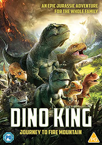 "Dino King: Journey To Fire Mountain" DVD cover featuring dinosaurs in a volcanic landscape.