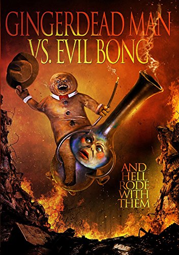 A gingerbread man riding a bong against a background of fire and debris.