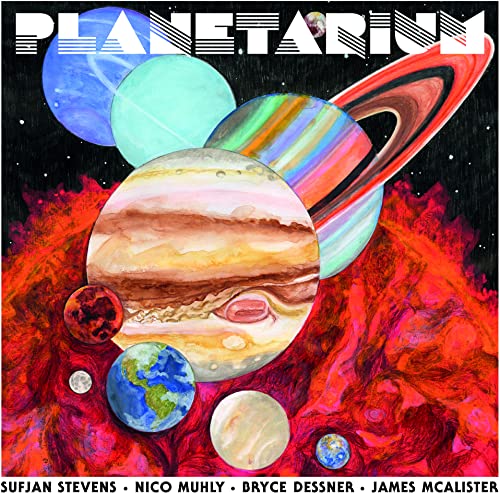Planetarium vinyl record cover with colorful planets against a starry background.