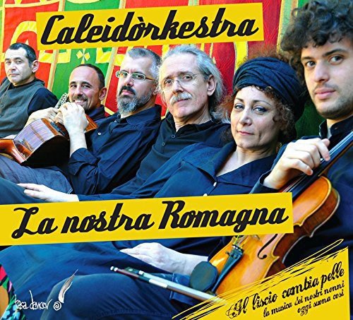 "CD cover featuring a group of musicians holding instruments, with yellow text overlays."