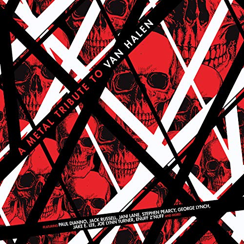 "Album cover with red skulls and black and white lightning bolts."