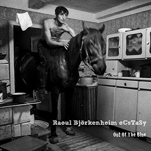 Black and white album cover with man on horse in a kitchen.