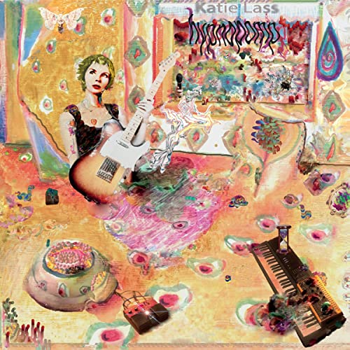 Album cover: Katie Lass, colorful collage with woman, guitar, and butterflies.
