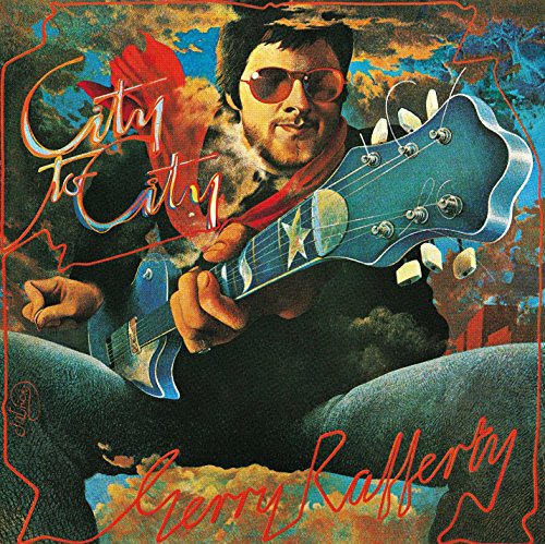 Gerry Rafferty's "City to City" album cover featuring a man holding a blue guitar.