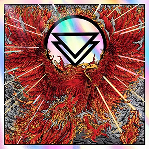 Phoenix rising from flames with geometric symbol, album cover art.