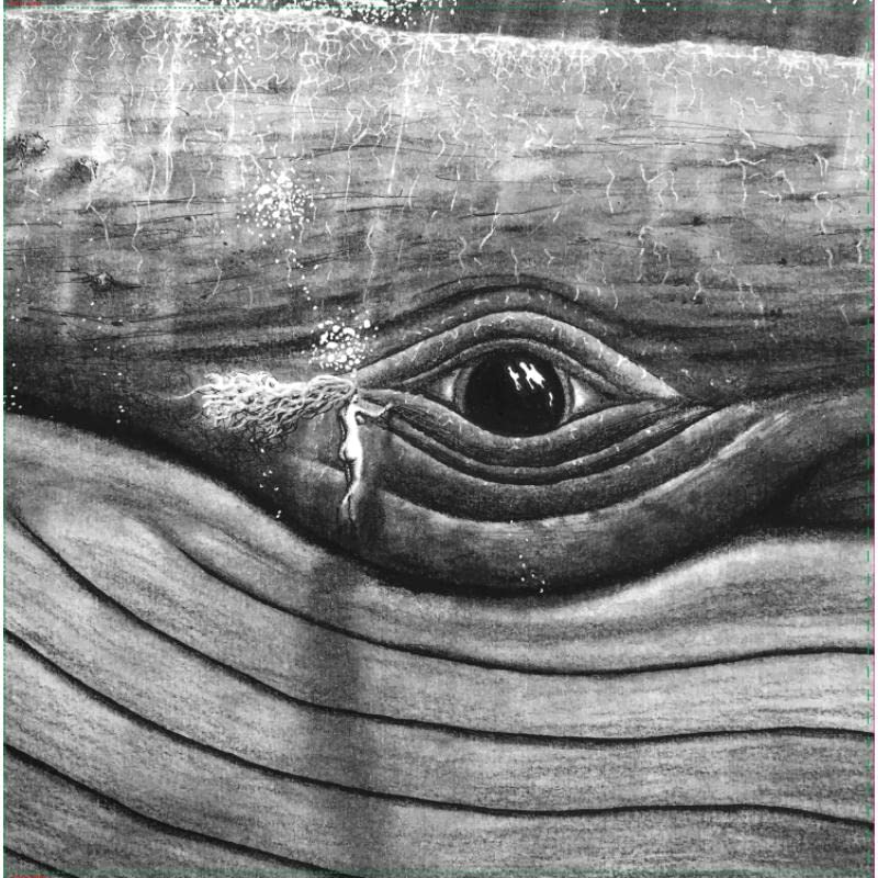 Black and white drawing of a whale’s eye with a tiny figure inside.