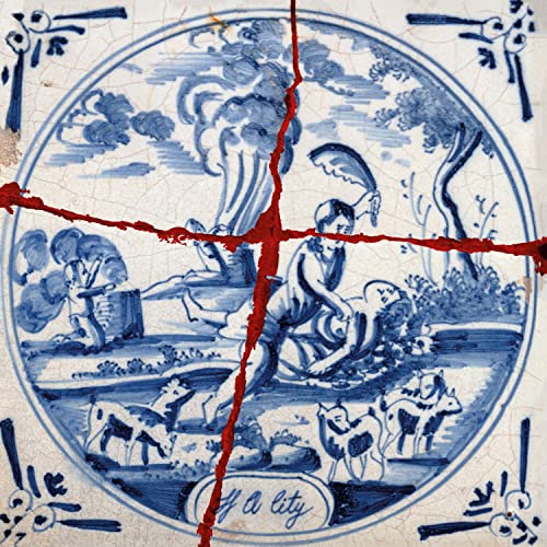 Blue and white Delftware-style tile image with red cracks and figures.