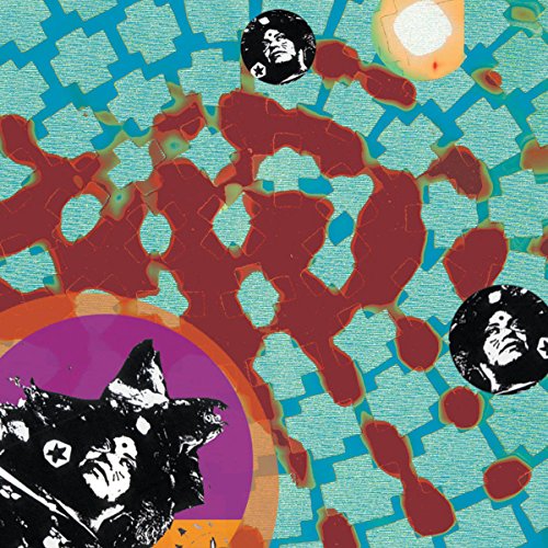 Album cover with collage of faces, red shapes, and blue grid background.