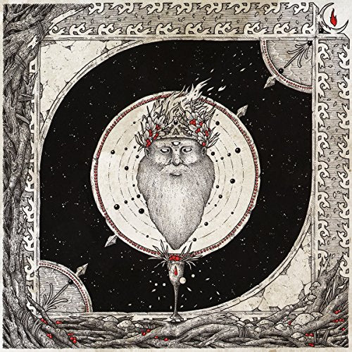 Detailed black and white illustration of an owl within a circular frame.