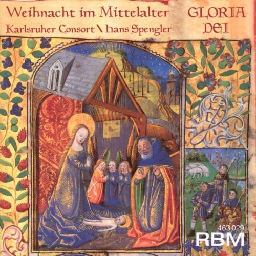 "CD cover with medieval nativity scene illustration and red title text."