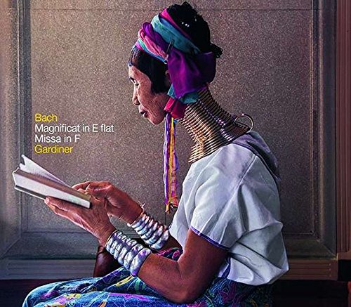 "Woman with elongated neck and traditional jewelry reads a book, album cover in the background."