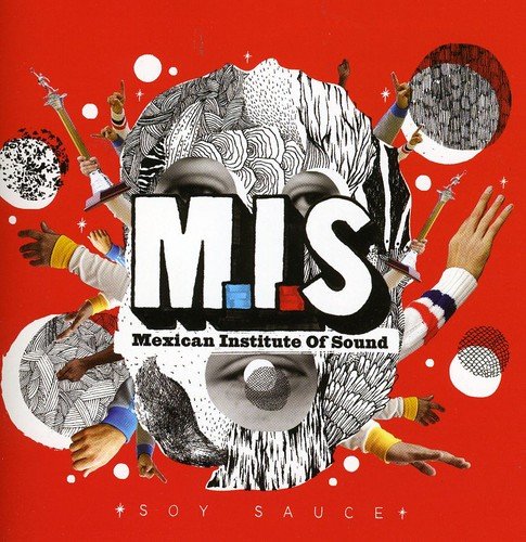 "Album cover with a collage of hands and a face on a red background."
