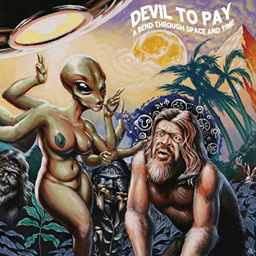 CD cover with alien, man, and prehistoric figures in a colorful landscape.