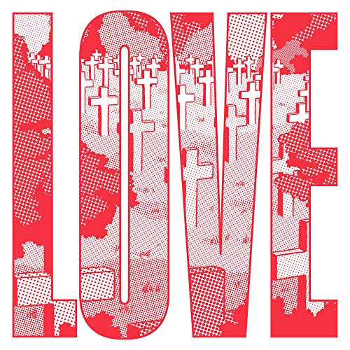 The image depicts the word "love" in a stylized, red font with cross patterns. Alt text: Red "love" text with cross patterns on a white background.