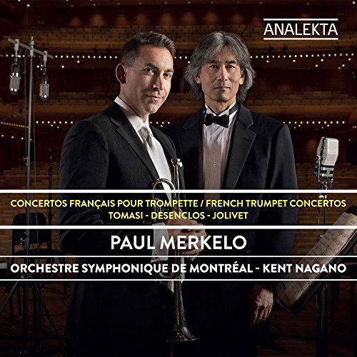 "CD cover featuring two men in tuxedos, one holding a trumpet, in a concert hall."